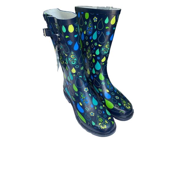 Western Chief Women's Size 10 Rubber Rain Boots Navy Blue Pouring Paisley NWT - Picture 1 of 8